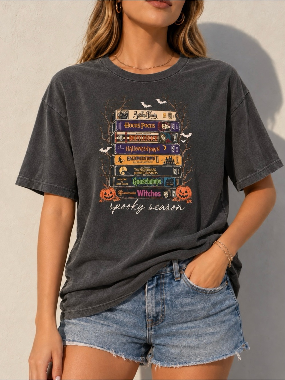 Charcoal Spooky Season VHS Tapes Movie Stack Spooky Fall Aesthetic Gildan Tee